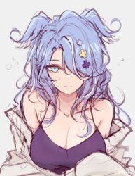 Rule 34 | 1girl, black camisole, blue eyes, blue hair, breasts, camisole, collarbone, commentary, elira pendora, english commentary, frown, grey background, grey sweater, hair over one eye, head wings, highres, large breasts, m r b, messy hair, mole, nijisanji, nijisanji en, off shoulder, one eye covered, portrait, sketch, solo, sweater, virtual youtuber, wings