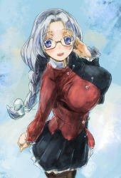 Rule 34 | 1girl, adapted costume, adjusting eyewear, black pantyhose, blush, braid, breasts, glasses, hair intakes, hand on eyewear, impossible clothes, impossible shirt, large breasts, no headwear, open mouth, pantyhose, shirt, silver hair, single braid, skirt, smile, solo, touhou, yagokoro eirin, yohane