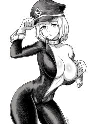 Rule 34 | 1girl, bodysuit, boku no hero academia, breasts, cleavage, collarbone, cowboy shot, gloves, greyscale, hat, highres, large breasts, looking at viewer, medium hair, monochrome, navel, no bra, open bodysuit, open clothes, open mouth, peaked cap, redjet, shiny skin, simple background, solo, unzipped, utsushimi kemii, white background