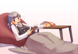 Rule 34 | 1girl, book, caught, chips (food), eating, female focus, food, highres, kantai collection, light purple hair, looking at viewer, low twintails, lying, ooshio (kancolle), open mouth, purple eyes, solo, surprised, symbol-shaped pupils, twintails, zhui