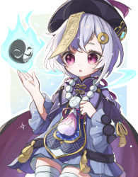 Rule 34 | 1girl, aqua shorts, bandaged leg, bandages, bead necklace, beads, cape, coin hair ornament, commentary request, genshin impact, hair between eyes, hair ornament, hat, highres, jewelry, jiangshi, long hair, long sleeves, low ponytail, necklace, ofuda, orb, parted lips, purple eyes, purple hair, qingdai guanmao, qiqi (genshin impact), shorts, sidelocks, simple background, solo, thighhighs, unotsuno, vision (genshin impact), white thighhighs, zettai ryouiki
