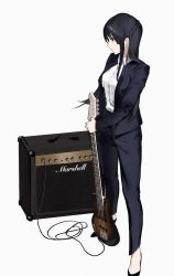 Rule 34 | 1girl, akiyama mio, bass guitar, black eyes, black footwear, black hair, black jacket, brand name imitation, cable, commentary request, formal, holding, holding instrument, instrument, jacket, k-on!, long sleeves, open clothes, open jacket, saya endo (27), shirt, simple background, solo, speaker, standing, suit, white background, white shirt