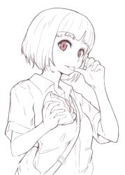 Rule 34 | 1girl, bag, burger, collared shirt, commentary, eating, food, food on face, hi iro, holding, holding food, licking, licking finger, looking at viewer, monochrome, original, red eyes, shirt, short hair, short sleeves, shoulder bag, simple background, solo, spot color, white background, wing collar