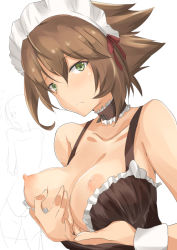 Rule 34 | 1girl, alternate costume, bad id, bad nicoseiga id, blush, bra, breasts, breasts out, brown bra, brown hair, cleavage, collarbone, detached collar, embarrassed, enmaided, flipped hair, grabbing own breast, green eyes, hair between eyes, kantai collection, large breasts, looking at viewer, maid, maid headdress, mutsu (kancolle), nipples, shino (ten-m), short hair, simple background, solo, underwear, upper body, white background, wrist cuffs