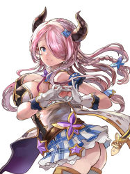 Rule 34 | 10s, 1girl, adapted costume, alternate costume, armpits, ass, bare shoulders, blue eyes, braid, breasts, checkered clothes, checkered skirt, detached sleeves, draph, granblue fantasy, hair over one eye, heart, heart hands, himuro shunsuke, idol, kimi to boku no mirai, large breasts, light purple hair, lips, long hair, looking at viewer, narmaya (granblue fantasy), pointy ears, purple hair, single braid, skirt, solo, standing