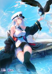Rule 34 | 1girl, absurdres, anniversary, azur lane, bad id, bad twitter id, bird, black thighhighs, blue eyes, blue sky, breasts, commentary, copyright name, day, eagle, enterprise (azur lane), hat, highres, large breasts, long hair, matsuo shogo, off shoulder, partially submerged, peaked cap, pleated skirt, reflection, reflective water, sitting, skirt, sky, soaking feet, thighhighs, wading pool, white hair, zettai ryouiki