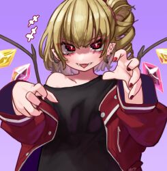 Rule 34 | 1girl, artist name, black shirt, blonde hair, blush, collarbone, cross, cross earrings, crystal wings, drill hair, drill ponytail, ear piercing, earrings, facing viewer, fangs, flandre scarlet, hair between eyes, hands up, highres, jacket, jewelry, long sleeves, looking at viewer, motion lines, nail polish, off-shoulder jacket, off shoulder, open clothes, open jacket, piercing, pointy ears, purple background, red eyes, red jacket, red nails, shaded face, shirt, short hair, simple background, single bare shoulder, solo, teeth, tongue, tongue out, tongue piercing, touhou, upper body, wide sleeves, wings, zakozako y