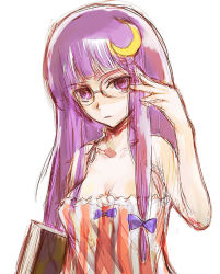 Rule 34 | 1girl, alternate costume, bespectacled, book, crescent, crescent hair ornament, female focus, glasses, hair ornament, long hair, no headwear, no headwear, nokishita, patchouli knowledge, purple eyes, purple hair, solo, touhou