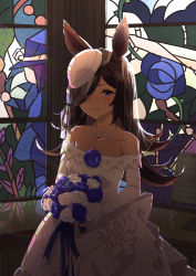 Rule 34 | 1girl, absurdres, animal ears, bare shoulders, blue flower, blue rose, blush, bouquet, bridal veil, brown hair, collarbone, dress, esubui, flower, hair over one eye, hat over one eye, highres, horse ears, horse girl, jewelry, long hair, long sleeves, looking at viewer, necklace, off-shoulder dress, off shoulder, one eye covered, pearl necklace, purple eyes, rice shower (umamusume), rose, see-through, smile, solo, stained glass, umamusume, veil, wedding dress, white dress, white flower, white rose