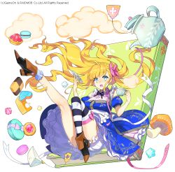 Rule 34 | 1girl, :o, ahoge, bloomers, braid, cake, candy, checkerboard cookie, cookie, cup, falling, food, frills, kneepits, konpeitou, legs, long hair, looking at viewer, macaron, mansu, mushroom, official art, open mouth, original, ribbon, simple background, single thighhigh, solo, striped clothes, striped thighhighs, tart (food), teacup, teapot, thighhighs, underwear, vertical-striped clothes, vertical-striped thighhighs