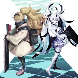 Rule 34 | 2girls, abyssal ship, backpack, bag, black hair, black legwear, blonde hair, blue eyes, boushi-ya, coat, colored skin, commentary, escort water princess, full body, gambier bay (kancolle), grin, hairband, kantai collection, long hair, looking at viewer, multicolored hair, multiple girls, ponytail, purple eyes, smile, standing, thighhighs, two-tone hair, white hair, white legwear, white skin