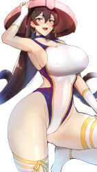 Rule 34 | 1girl, bare shoulders, blue one-piece swimsuit, blush, breasts, brown hair, cleavage, collarbone, covered navel, detached sleeves, earrings, fate/grand order, fate (series), hair between eyes, highleg, highleg swimsuit, hoop earrings, ichimegasa, jewelry, kumakichi (cost-lost), large breasts, long hair, looking at viewer, one-piece swimsuit, open mouth, red eyes, smile, solo, swimsuit, thighhighs, thighs, two-tone swimsuit, white background, white one-piece swimsuit, white thighhighs, xuangzang sanzang (fate)