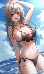 Rule 34 | 1girl, :d, absurdres, arm up, bare shoulders, bikini, black bikini, black hair, blue sky, blush, braid, breasts, collarbone, commentary, cowboy shot, day, fang, grey hair, hair ornament, hairclip, highres, hini ni, hololive, large breasts, layered bikini, long hair, looking at viewer, multicolored hair, navel, ocean, open mouth, outdoors, red bikini, red eyes, sakamata chloe, side braid, skin fang, sky, smile, solo, stomach, sunlight, swimsuit, symbol-only commentary, two-tone hair, virtual youtuber, wading, water, water drop, x hair ornament