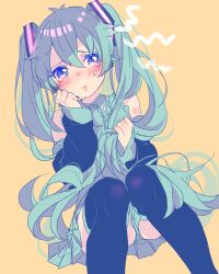 1girl bare_shoulders black_sleeves black_thighhighs blue_eyes blue_hair blue_necktie blue_shirt blue_skirt blush brown_background closed_mouth collared_shirt crying crying_with_eyes_open detached_sleeves feet_out_of_frame grey_panties hair_between_eyes hatsune_miku knees_up long_hair long_sleeves looking_at_viewer necktie panties pleated_skirt rinndouk shirt simple_background sitting skirt sleeveless sleeveless_shirt sleeves_past_wrists solo tears thighhighs twintails underwear very_long_hair vocaloid white_background