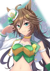 Rule 34 | 1girl, ahoge, animal ears, aqua eyes, arm strap, brown hair, choker, commentary request, crop top, green shirt, grin, hair between eyes, hair ornament, hairclip, hand up, hat, highres, horse ears, jacket, long hair, long sleeves, looking at viewer, midriff, mini hat, mini top hat, missan sun, mr. c.b. (umamusume), navel, open clothes, open jacket, partial commentary, shirt, single sleeve, smile, solo, stomach, strapless, strapless shirt, top hat, umamusume, upper body, very long hair, white hat, white jacket, yellow choker