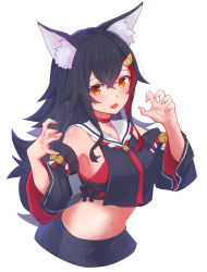 Rule 34 | 1girl, animal ear fluff, animal ears, bell, black hair, black skirt, breasts, choker, claw pose, commentary, cowboy shot, crop top, cropped shirt, detached sleeves, hair between eyes, hair ornament, highres, hololive, kouhaku nawa, long hair, looking at viewer, medium breasts, midriff, multicolored hair, navel, ookami mio, ookami mio (1st costume), open mouth, pleated skirt, red choker, red eyes, red hair, rope, sailor collar, sasaki (glass1138), shimenawa, simple background, skirt, solo, streaked hair, two-tone hair, virtual youtuber, white background, wolf ears