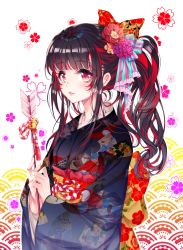 Rule 34 | 1girl, arrow (projectile), back bow, bell, black kimono, blunt bangs, bow, breasts, colored stripes, commentary request, floral background, flower, frilled bow, frills, hair bow, hair flower, hair ornament, hamaya, holding, holding arrow, japanese clothes, jingle bell, kimono, long sleeves, looking at viewer, multicolored eyes, multicolored hair, obi, original, own hands together, parted lips, pink eyes, ponytail, print kimono, red bow, red flower, red hair, sash, sidelocks, soen, solo, striped, striped bow, tassel, two-tone hair, wide sleeves, yellow bow, yellow eyes