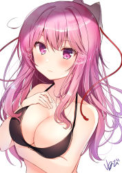 Rule 34 | 1girl, absurdres, arm under breasts, bare arms, bare shoulders, bikini, black bikini, blush, breasts, cleavage, closed mouth, collarbone, commentary, halterneck, hand on own chest, hata no kokoro, heart, heart-shaped pupils, highres, large breasts, long hair, looking at viewer, mask, mask on head, nenobi (nenorium), purple eyes, purple hair, signature, simple background, solo, swimsuit, symbol-shaped pupils, touhou, upper body, white background