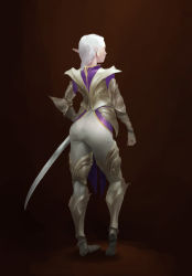 Rule 34 | 1girl, armor, armored boots, ass, bangku an, boots, contrapposto, couter, elf, from behind, full body, image sample, pointy ears, solo, standing, sword, vambraces, weapon, white hair