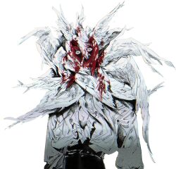 Rule 34 | 1boy, arms at sides, blackmaro1, blood, blood on face, bloody wings, blue eyes, covered mouth, feathered wings, head wings, highres, long sleeves, looking at viewer, male focus, monochrome, multiple wings, original, puffy long sleeves, puffy sleeves, shirt tucked in, simple background, solo, spot color, wide-eyed, wings