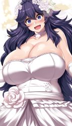 Rule 34 | 1girl, :d, @ @, absurdres, alternate breast size, alternate costume, bare shoulders, blush, breasts, bridal veil, bride, choker, cleavage, commentary request, creatures (company), dress, flower, game freak, gloves, hair between eyes, hair flower, hair ornament, happy, hex maniac (pokemon), highres, huge breasts, long hair, looking at viewer, maki ikazuya, nintendo, open mouth, plump, pokemon, pokemon xy, purple eyes, purple hair, rose, shiny skin, skindentation, smile, solo, strapless, strapless dress, upper body, veil, very long hair, wedding dress, white dress, white flower, white gloves, white rose