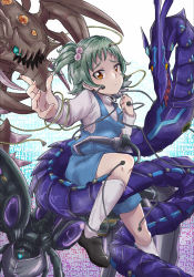 Rule 34 | 1girl, 3others, android, artist request, cyberdark edge, cyberdark horn, cyberdark keel, dragon, duel monster, embarrassed, fingernails, forced, grabbing, grabbing from behind, green hair, hair bobbles, hair ornament, highres, horns, looking at viewer, machinery, mechanical wings, metal, multiple others, no humans, robot, sexually suggestive, sharp teeth, side ponytail, simple background, spikes, tail, teeth, tentacles, wings, wire, yu-gi-oh!, yu-gi-oh! tag force