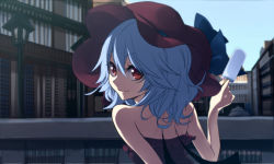 Rule 34 | 1girl, alternate costume, anime coloring, bare shoulders, bat wings, blue hair, blue sky, city, dress, food, from behind, hat, hat ribbon, lamppost, looking back, outdoors, popsicle, red eyes, remilia scarlet, ribbon, short hair, sky, smile, solo, strapless, strapless dress, sushikuugo (suisen), touhou, wings