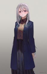 Rule 34 | 1girl, absurdres, black skirt, blue coat, blush, closed mouth, coat, collared shirt, commentary, earrings, feet out of frame, gradient background, grey background, grey hair, highres, higuchi kaede, higuchi kaede (4th costume), jewelry, long hair, long skirt, long sleeves, looking at viewer, mole, mole under eye, nijisanji, open clothes, open coat, purple eyes, shirt, skirt, solo, sooon, twitter username, very long hair, virtual youtuber