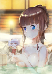 Rule 34 | 2girls, absurdres, blue eyes, blunt bangs, blush, breasts, brown hair, closed mouth, collarbone, convenient censoring, double bun, freze, hair bun, hair up, highres, holding person, looking at another, medium breasts, mini person, minigirl, multiple girls, naked towel, new game!, nude, onsen, open mouth, partially submerged, purple eyes, red towel, sidelocks, silver hair, sitting on hand, small breasts, smile, steam, suzukaze aoba, takimoto hifumi, towel, water, wet