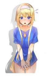 Rule 34 | 1girl, absurdres, alice zuberg, blonde hair, blue eyes, blue shirt, blush, breasts, cleavage, cleavage cutout, clothing cutout, collarbone, cowboy shot, d:, floating hair, hair intakes, hairband, highres, kyel hyde, long hair, looking at viewer, low ponytail, naked shirt, open mouth, shadow, shirt, short sleeves, sidelocks, small breasts, solo, standing, sword art online, thighs, very long hair, white background, white hairband