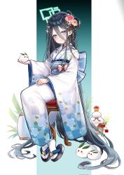 Rule 34 | 1girl, absurdly long hair, aris (blue archive), bamboo, black hair, blue archive, blue eyes, blue kimono, blue sash, blush, bow, chair, checkered clothes, closed mouth, commentary request, eyelashes, floral print, flower, food, fruit, full body, geta, gradient background, gradient clothes, hair between eyes, hair flower, hair ornament, halo, hand up, head tilt, highres, holding, japanese clothes, kagami mochi, kanzashi, kimono, long bangs, long hair, long hair between eyes, long sleeves, looking at viewer, mandarin orange, multicolored background, multicolored clothes, obi, obijime, on chair, picter, pink bow, pink flower, print kimono, sanbou, sandals, sash, seigaiha, shide, sidelocks, simple background, sitting, smile, snow rabbit, socks, solo, tabi, very long hair, white kimono, white socks, wide sleeves, yellow flower, zouri