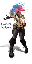 Rule 34 | 1girl, black gloves, blue eyes, blue hair, boots, dark persona, dog tags, evilgun, gas can, gloves, hand over eye, jacket, leona heidern, looking at viewer, military, military uniform, multicolored hair, ponytail, red eyes, red hair, signature, snk, soldier, solo, tank top, the king of fighters, uniform