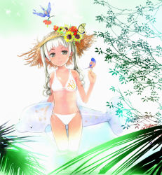 Rule 34 | 1girl, bikini, bird, bird on hand, brown eyes, bug, butterfly, flower, hat, hat flower, hibiscus, inflatable dolphin, inflatable toy, insect, long hair, m-hit, original, side-tie bikini bottom, solo, straw hat, sunflower, swimsuit, thigh gap, thighs, twintails, wading, water, white bikini, white hair