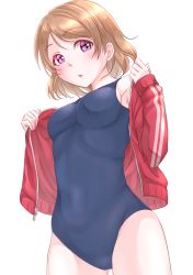 Rule 34 | 1girl, absurdres, blue one-piece swimsuit, blush, breasts, brown hair, colored eyelashes, covered navel, cowboy shot, from side, highres, jacket, kobayashi nyoromichi, koizumi hanayo, long sleeves, looking at viewer, love live!, love live! school idol project, medium breasts, one-piece swimsuit, open clothes, open jacket, open mouth, parted bangs, purple eyes, red jacket, school swimsuit, short hair, sideboob, simple background, solo, standing, swept bangs, swimsuit, swimsuit under clothes, thigh gap, white background, wide hips