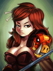 Rule 34 | 1girl, armor, bone, borrowed character, breasts, cleavage, detached sleeves, dress, frown, hair ornament, hair stick, koi drake, large breasts, long hair, mole, original, pauldrons, red eyes, red hair, shoulder armor, solo, strapless, strapless dress, sword, weapon