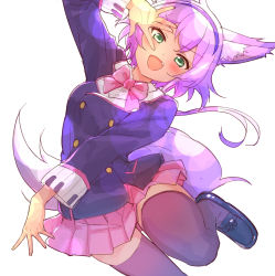 Rule 34 | 1girl, :d, animal ear fluff, animal ears, arm up, black footwear, blazer, blush, bow, collared shirt, dress shirt, fang, green eyes, highres, jacket, leaning forward, loafers, looking at viewer, nyama, open mouth, pink bow, pink skirt, pleated skirt, purple hair, purple jacket, purple thighhighs, ruhuyu (show by rock!!), school uniform, shirt, shoes, show by rock!!, simple background, skirt, smile, solo, standing, standing on one leg, tail, thighhighs, v-shaped eyebrows, white background, white shirt, wolf ears, wolf girl, wolf tail