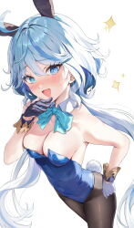 Rule 34 | 1girl, ahoge, alternate costume, animal ears, asymmetrical gloves, bare arms, bare shoulders, black gloves, black pantyhose, blue bow, blue bowtie, blue eyes, blue hair, blue leotard, blush, bow, bowtie, breasts, cleavage, cowboy shot, detached collar, furina (genshin impact), furrowed brow, genshin impact, gloves, hair between eyes, heterochromia, huwari (dnwls3010), leotard, light blue hair, long hair, looking at viewer, medium breasts, mismatched gloves, multicolored hair, open mouth, pantyhose, rabbit, rabbit ears, rabbit tail, sidelocks, simple background, solo, sparkle, standing, streaked hair, sweatdrop, tail, thighs, two-tone hair, white background, white gloves, white hair