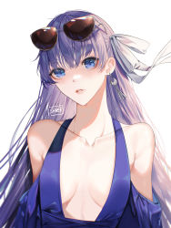 Rule 34 | 1girl, absurdres, bare shoulders, blue dress, blue eyes, blush, breasts, collarbone, dress, earrings, eyewear on head, fate/grand order, fate (series), hair ribbon, highres, jewelry, long hair, long sleeves, looking at viewer, meltryllis (fate), meltryllis (star&#039;s holiday) (fate), parted lips, plunging neckline, purple hair, ribbon, shei99, small breasts, solo, sunglasses, very long hair, white ribbon