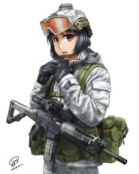 Rule 34 | 1girl, assault rifle, black hair, camouflage, dated, gloves, goggles, goggles on headwear, gun, helmet, highres, jacket, jpc, load bearing equipment, looking at viewer, military, military jacket, orange eyes, original, rifle, scope, sig sauer, sig sauer 556, soldier, solo, weapon, white background