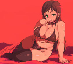 Rule 34 | 1girl, arm support, bow, bow panties, bra, breasts, brown hair, choker, collar, frilled choker, frills, green eyes, kawacchi hirohiro, large breasts, long hair, navel, nipples, open mouth, original, panties, plump, red theme, see-through, solo, thighhighs, tummy fold, underwear, underwear only