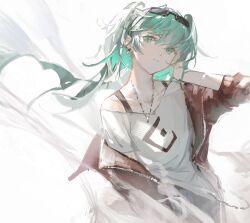 Rule 34 | 1girl, absurdres, aqua eyes, aqua hair, black jacket, bra strap, closed mouth, collarbone, earrings, eyewear on head, floating hair, frown, hair between eyes, hand in own hair, hand up, hatsune miku, highres, jacket, jewelry, long hair, looking at viewer, necklace, open clothes, open jacket, shijiubashuazi, shirt, solo, suna no wakusei (vocaloid), sunglasses, twintails, upper body, very long hair, vocaloid, white shirt