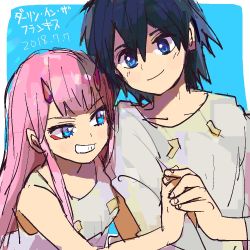 Rule 34 | 10s, 1boy, 1girl, black hair, blue eyes, collarbone, commentary request, couple, darling in the franxx, esukesun, hetero, hiro (darling in the franxx), holding hands, horns, long hair, looking at viewer, nightgown, oni horns, pajamas, pink hair, red horns, short hair, topless male, zero two (darling in the franxx)