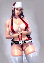 Rule 34 | 1girl, artnip, baseball cap, belt, belt pouch, bikini tan, black hair, breasts, brown eyes, character request, cleavage, covered erect nipples, creatures (company), curvy, earrings, female focus, game freak, grey background, hat, head tilt, jewelry, large breasts, lips, medium hair, mole, mole on breast, mole on pussy, navel, nintendo, nose, one-piece swimsuit, poke ball, poke ball (basic), pokemon, pouch, pussy, pussy peek, realistic, red one-piece swimsuit, revealing clothes, see-through, signature, skindentation, solo, standing, swimsuit, tan, tanline, thick eyebrows, thighhighs, two-tone swimsuit, unaligned breasts, watermark, web address, wedgie, white thighhighs