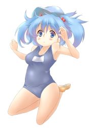 Rule 34 | 1girl, :&lt;, absurdres, armpits, blue eyes, blue hair, breasts, female focus, full body, hair bobbles, hair ornament, hat, highres, kawashiro nitori, looking at viewer, matching hair/eyes, medium breasts, one-piece swimsuit, plump, school swimsuit, shinrutyu, short hair, solo, spirytus tarou, swimsuit, touhou, twintails, two side up