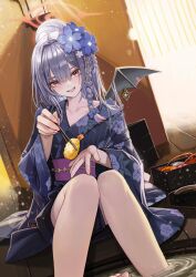 Rule 34 | 1girl, anizi, black kimono, black wings, blue archive, blue flower, blush, braid, chopsticks, collarbone, commentary, demon wings, fake wings, flower, food, grey hair, hair flower, hair ornament, halo, haruna (blue archive), haruna (new year) (blue archive), highres, holding, holding chopsticks, japanese clothes, kimono, long hair, long sleeves, looking at viewer, obi, official alternate costume, onsen, open mouth, osechi, red eyes, red halo, sash, shrimp, shrimp tempura, side braid, single wing, sitting, smile, solo, tempura, toes, water, wide sleeves, wings