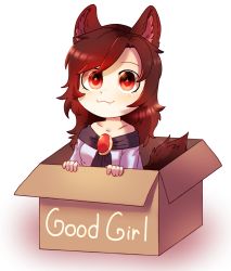 Rule 34 | + +, 1girl, absurdres, animal ears, box, breasts, brooch, brown hair, chibi, collarbone, dress, dungeon toaster, fang, highres, imaizumi kagerou, jewelry, long hair, long sleeves, medium breasts, off-shoulder dress, off shoulder, red eyes, solo, tail, tail wagging, touhou, transparent background, white dress, wide sleeves, wolf ears, wolf girl, wolf tail