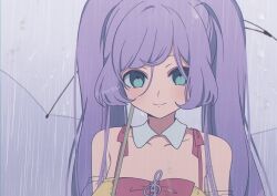 Rule 34 | 1girl, bare shoulders, bow, closed mouth, commentary request, detached collar, empty eyes, grey background, highres, long hair, looking at viewer, manaka laala, marueri, pink bow, pretty series, pripara, purple hair, rain, sad, sad smile, smile, solo, transparent, transparent umbrella, twintails, twitter username, umbrella, upper body