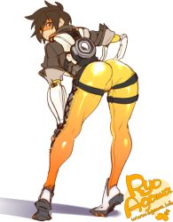 Rule 34 | 1girl, agawa ryou, artist name, ass, bad id, bad tumblr id, bent over, bodysuit, bomber jacket, brown hair, goggles, jacket, looking back, overwatch, overwatch 1, short hair, skin tight, smile, solo, spiked hair, tight clothes, tracer (overwatch), watermark, web address