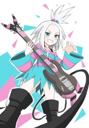 Rule 34 | 1girl, bass guitar, blue eyes, blush, boots, bra strap, creatures (company), dress, emapippi, forehead, freckles, game freak, gym leader, hair bobbles, hair ornament, highres, instrument, looking at viewer, nintendo, oversized clothes, pokemon, pokemon bw2, roxie (pokemon), solo, strapless, strapless dress, striped clothes, striped dress, topknot, white hair