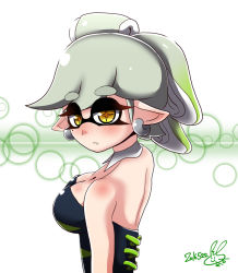 Rule 34 | + +, 1girl, bare shoulders, blush, breasts, cleavage, dated, detached collar, domino mask, earrings, female focus, from side, gradient hair, green hair, grey hair, jewelry, large breasts, looking at viewer, looking back, marie (splatoon), mask, mole, mole under eye, multicolored hair, nintendo, pointy ears, short hair, signature, simple background, solo, splatoon (series), strapless, symbol-shaped pupils, teeth, tentacle hair, tentacles, text focus, two-tone background, upper body, usa (dai9c carnival), white background, yellow eyes